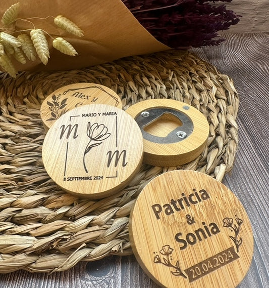 Abridor de botellas redondo de madera de bambú personalizado con imán