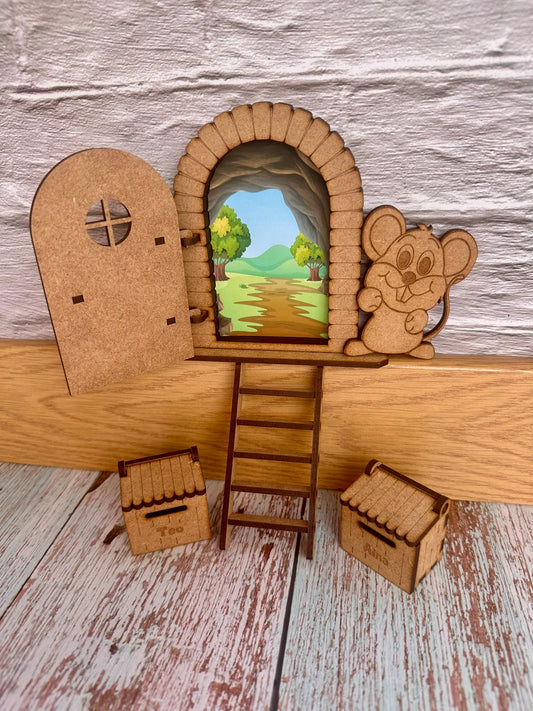Puerta del ratoncito Pérez con DOS buzones personalizados en madera para pintar.