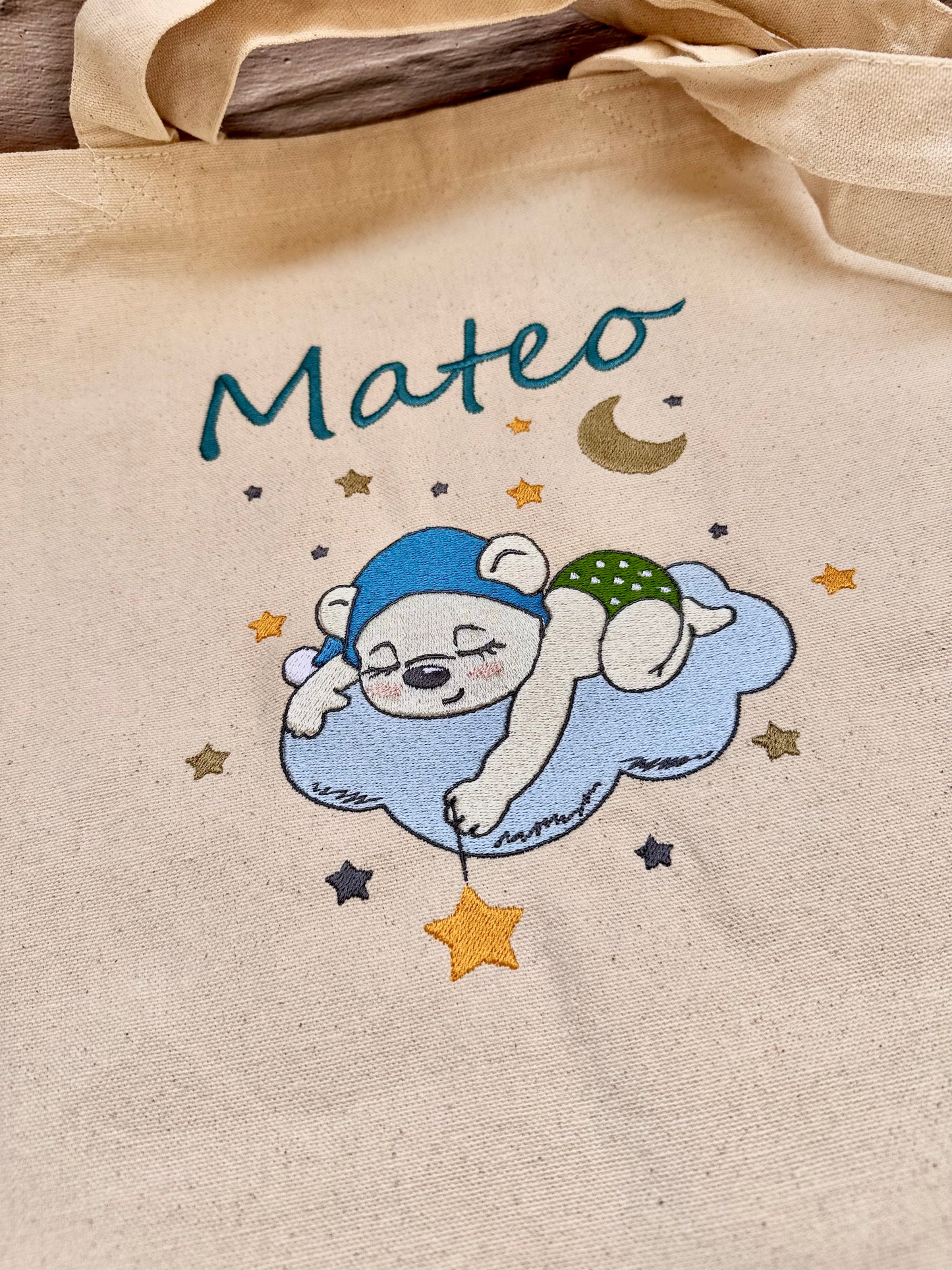 Bolsa con asas y oso bordado
