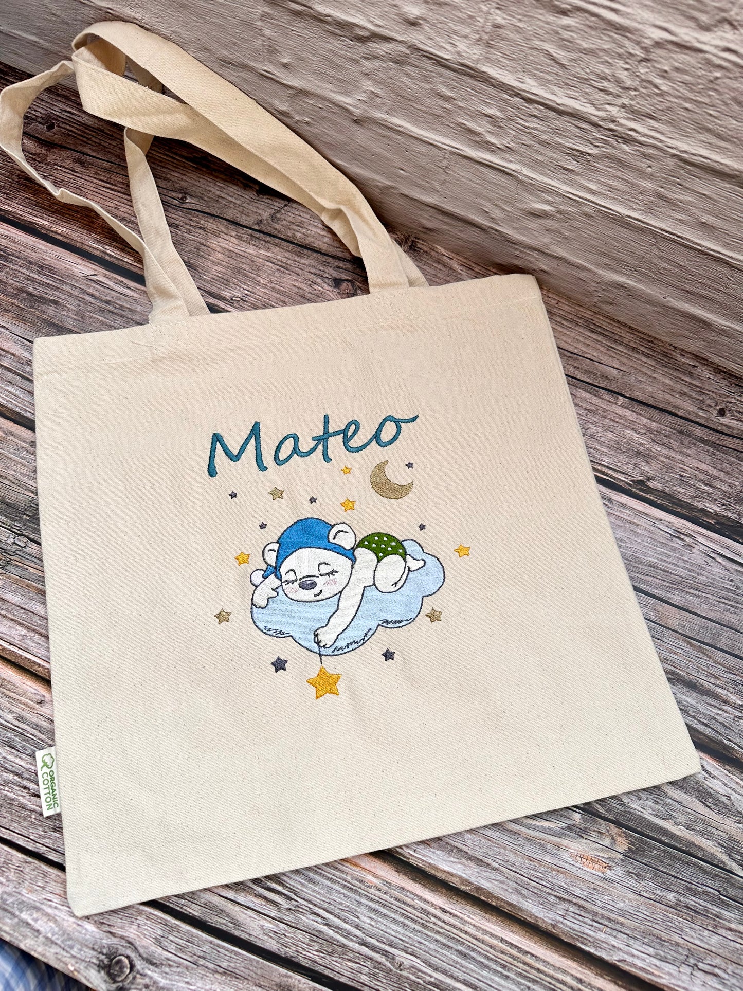 Bolsa con asas y oso bordado