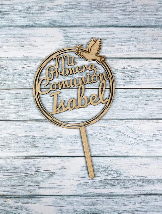 Personalized wooden communion cake topper. Model 1