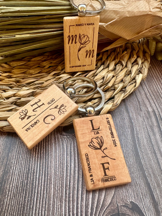 Personalized wooden square keychain.