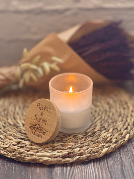 Candle with personalized wooden lid.