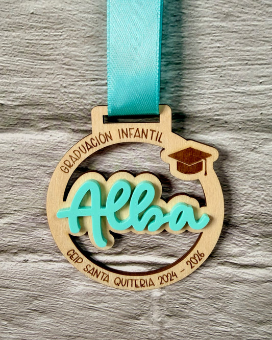 Medalla de graduación infantil personalizada con cinta azul