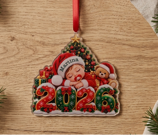 adorno de Navidad para bebé personalizado con nombre y cinta roja